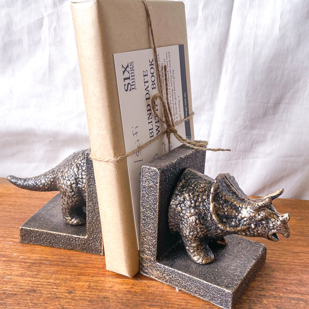 Triceratops dinosaur vintage statue painted metal bookends