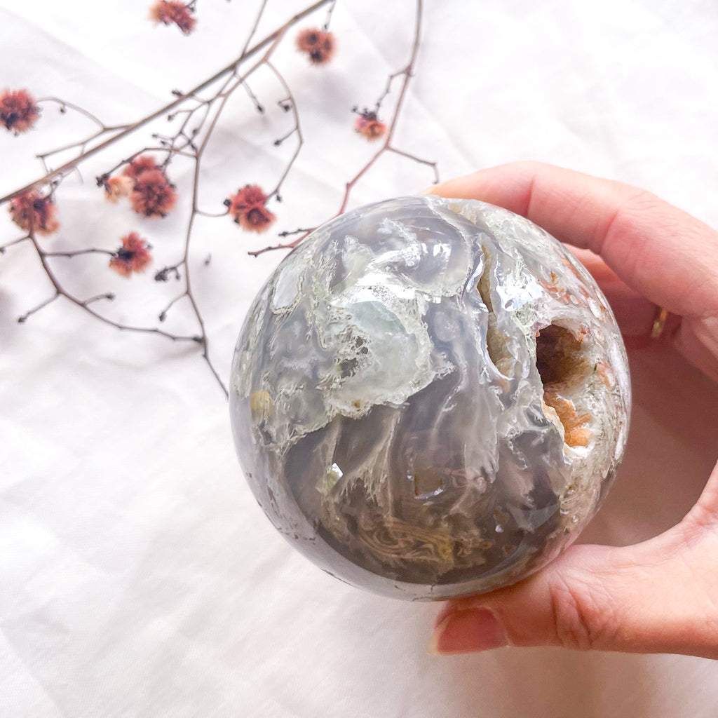 Moss agate druzy crystal polished sphere 500g