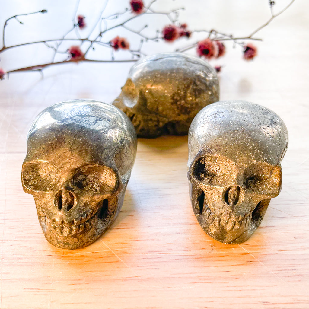 Pyrite crystal healers gold skull polished stone