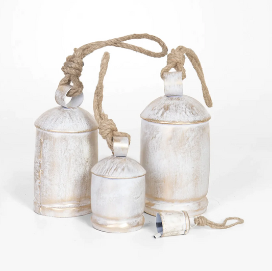Vintage coastal white washed gold iron cow bell