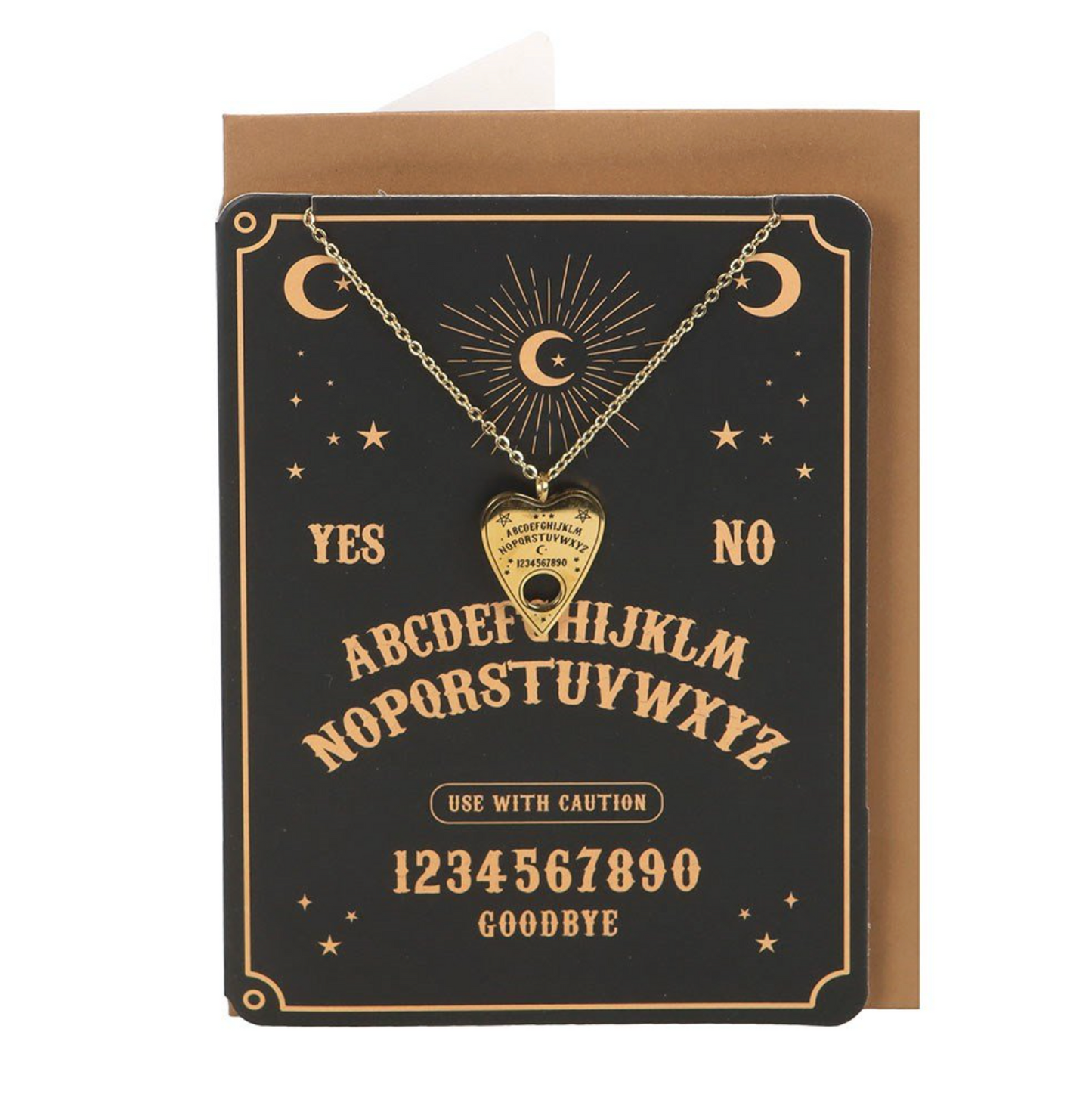 Ouija planchette necklace and greeting card