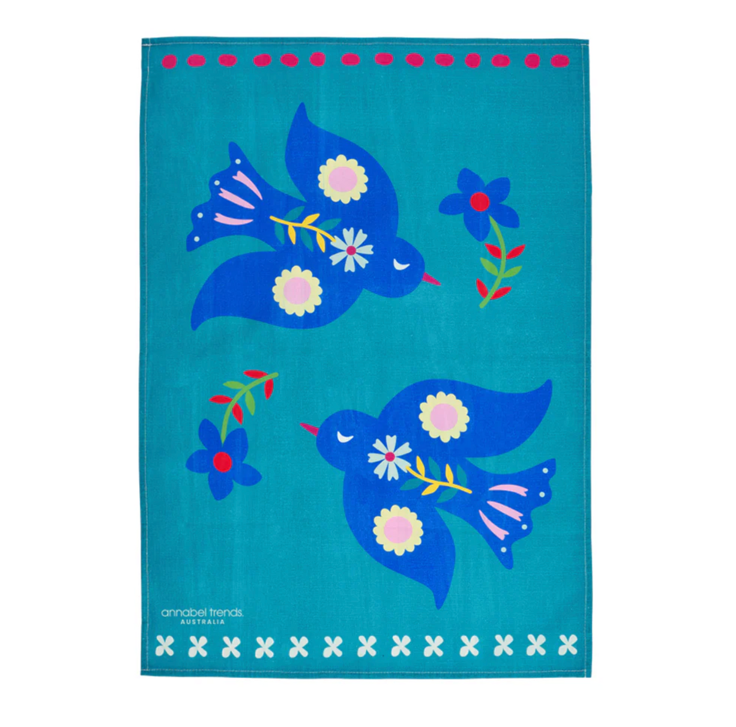 Blue birds tea towel