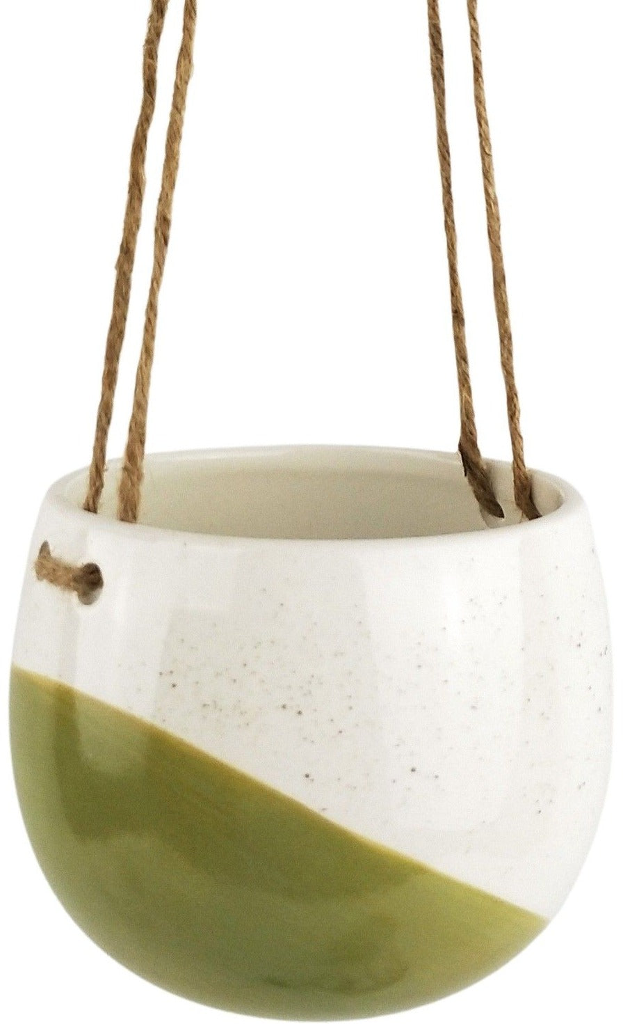 Olive and cream ceramic hanging planter pot