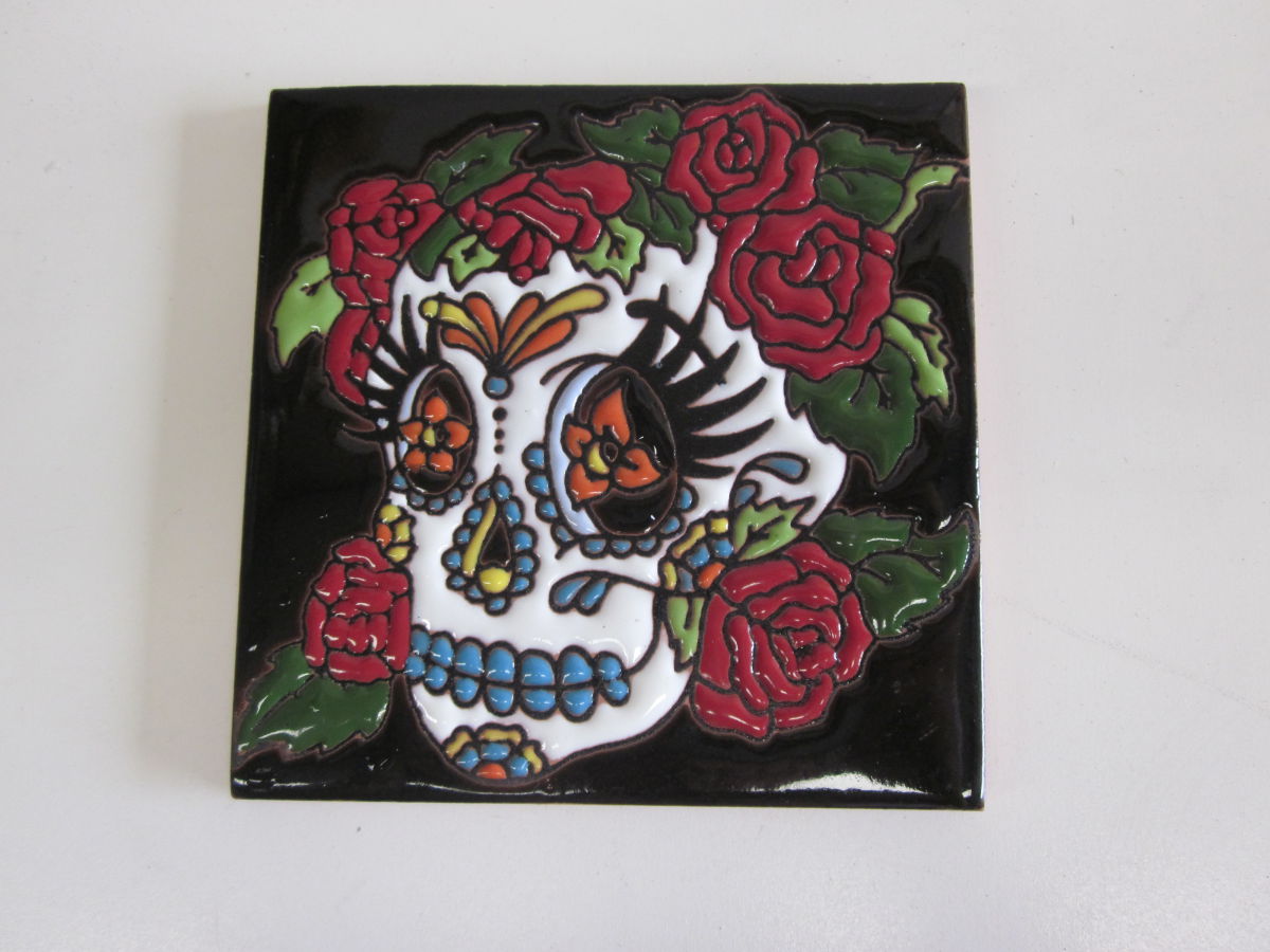 Day of the dead handmade flower crown tile wall hanging