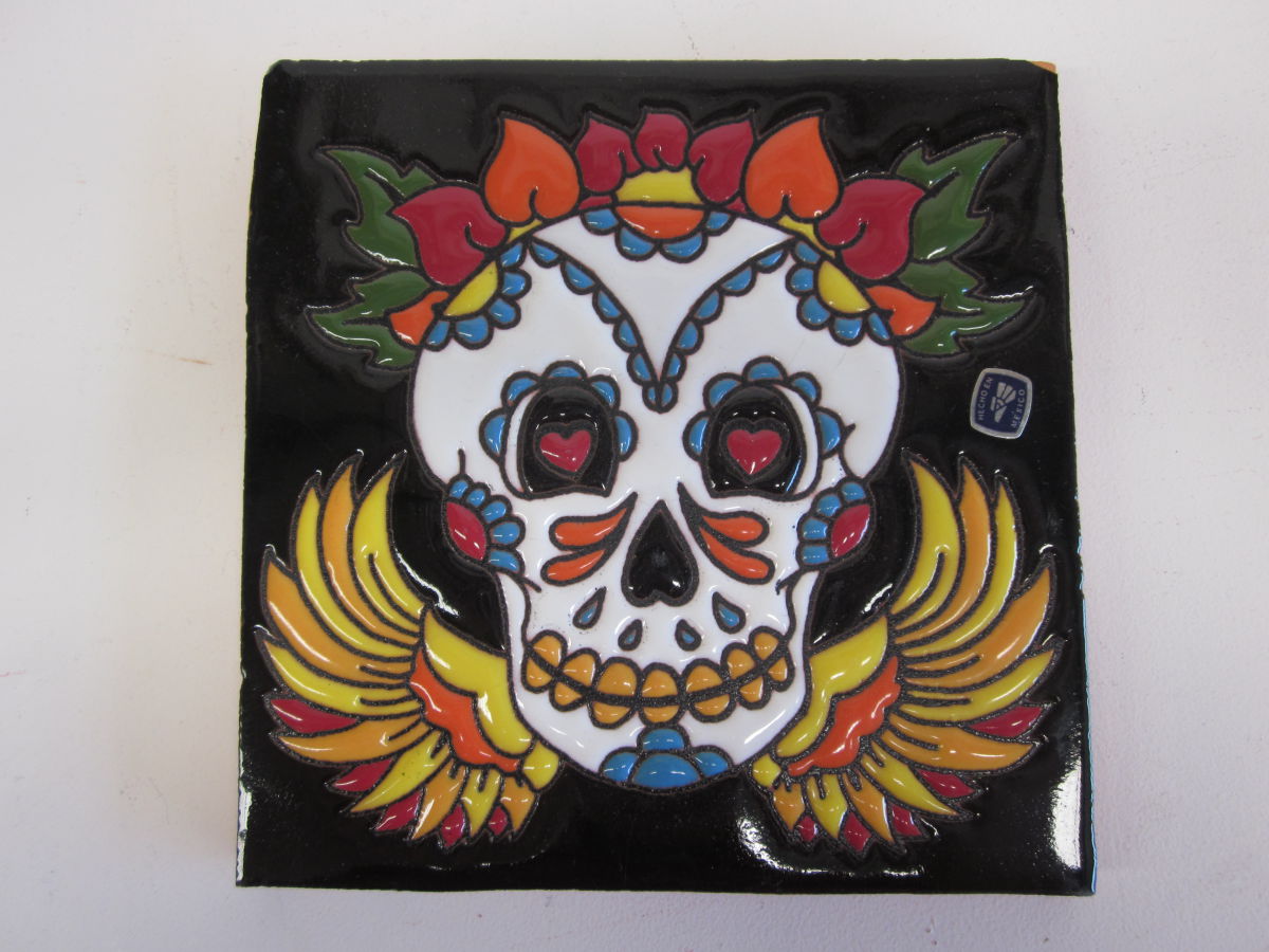 Day of the dead handmade flower crown tile wall hanging