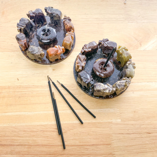 Lucky elephant crystal soapstone sphere stand / incense holder