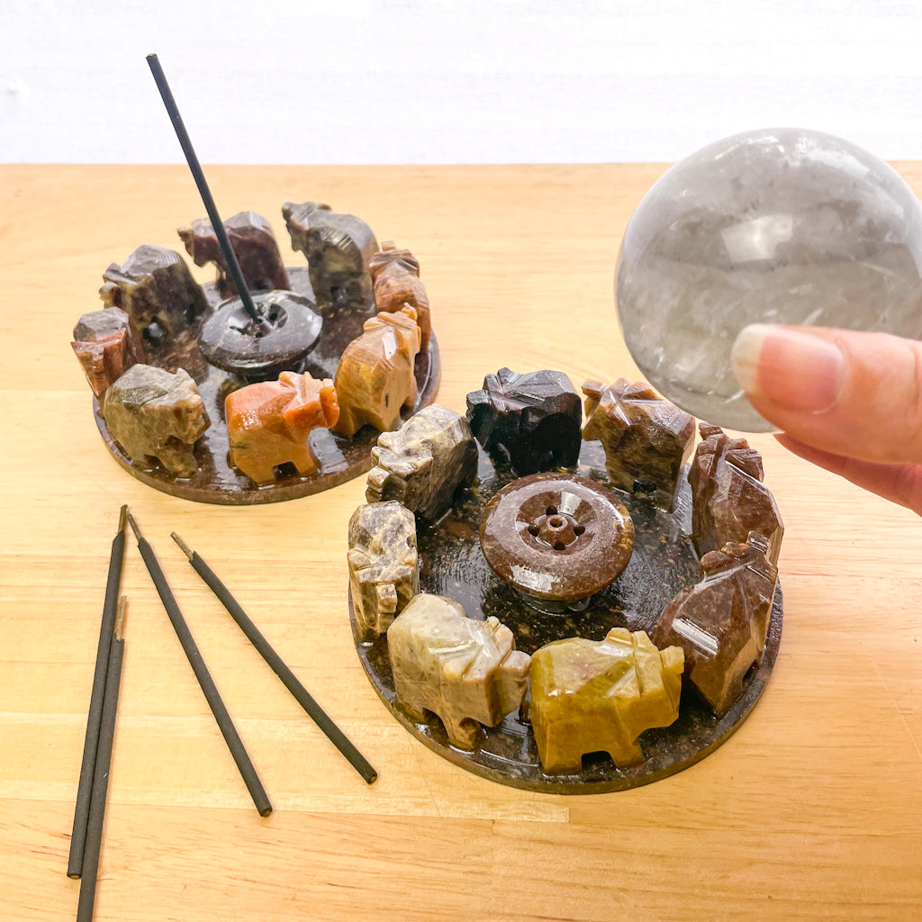 Lucky elephant crystal soapstone sphere stand / incense holder