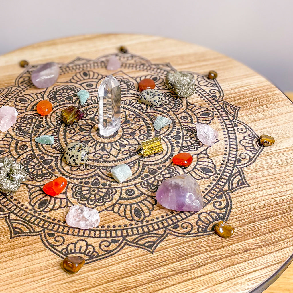 Reiki chakra crystal grid wooden altar table & crystal set