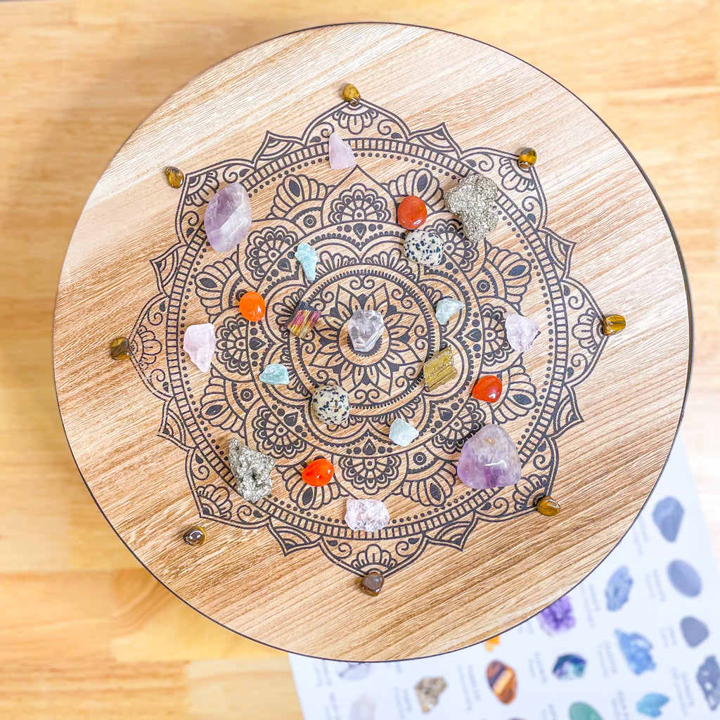 Reiki chakra crystal grid wooden altar table & crystal set