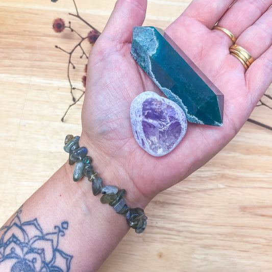 Crystal witchy set - Moss agate DT, labradorite bracelet + amethyst seer stone