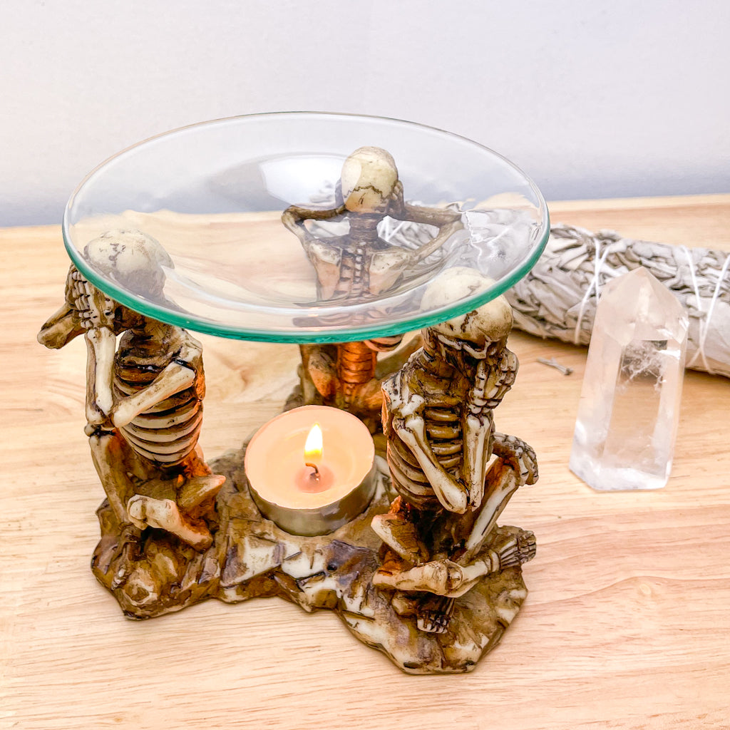 Hear see, speak no evil skeleton oil burner / crystal sphere stand