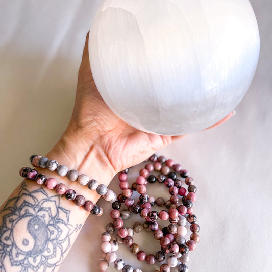 Pink zebra jasper or rhodonite crystal bead bracelet