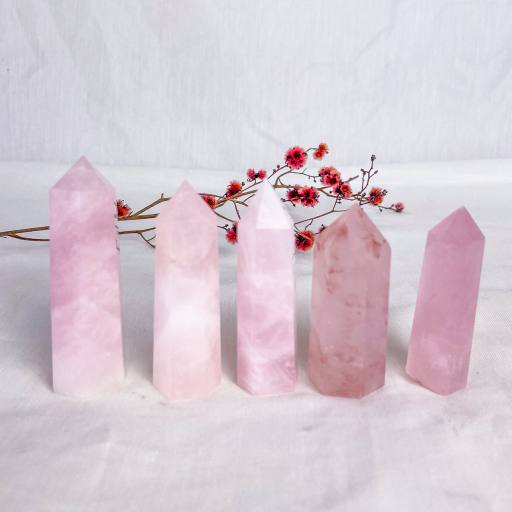 Crystal rose quartz point tower