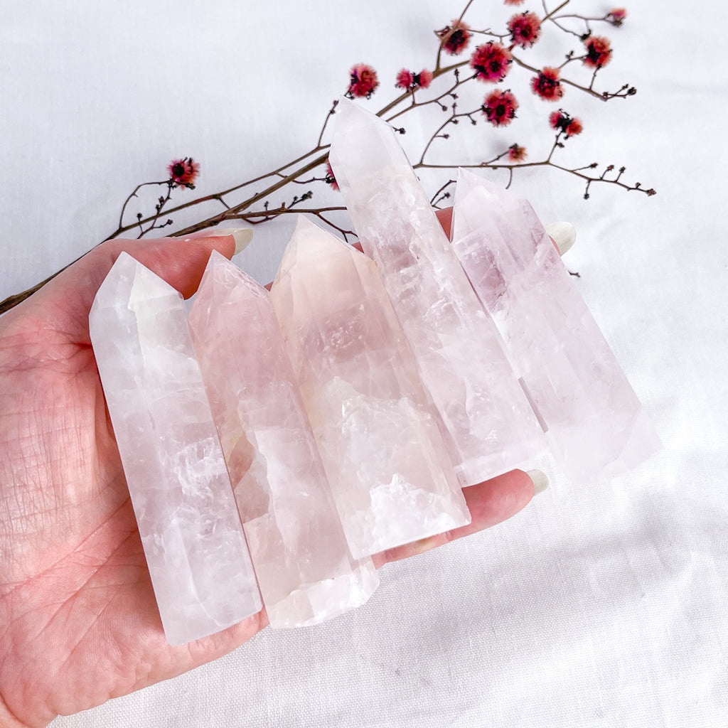 Crystal rose quartz point tower
