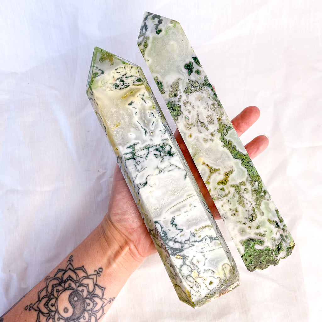 Moss agate druzy crystal obelisk tower XL 22-25cm