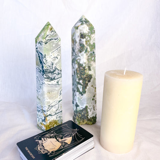 Moss agate druzy crystal obelisk tower XL 22-25cm
