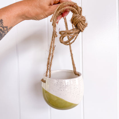 Olive and cream ceramic hanging planter pot