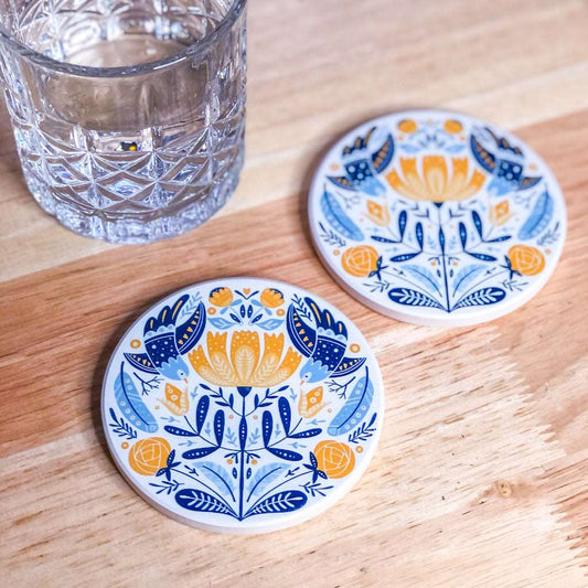 Blue bird floral ceramic coaster / tile