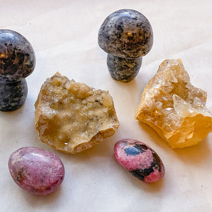 Rhodonite palm stone, Calcite cluster, Larvikite mushroom crystal set of 3