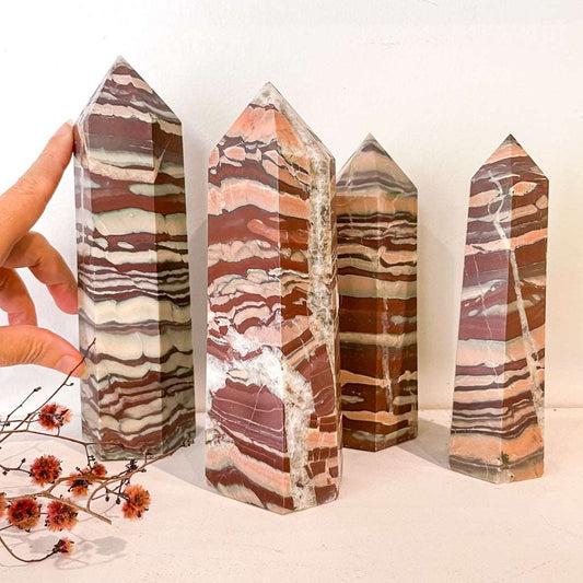Australian Zebra jasper with quartz crystal point generator tower