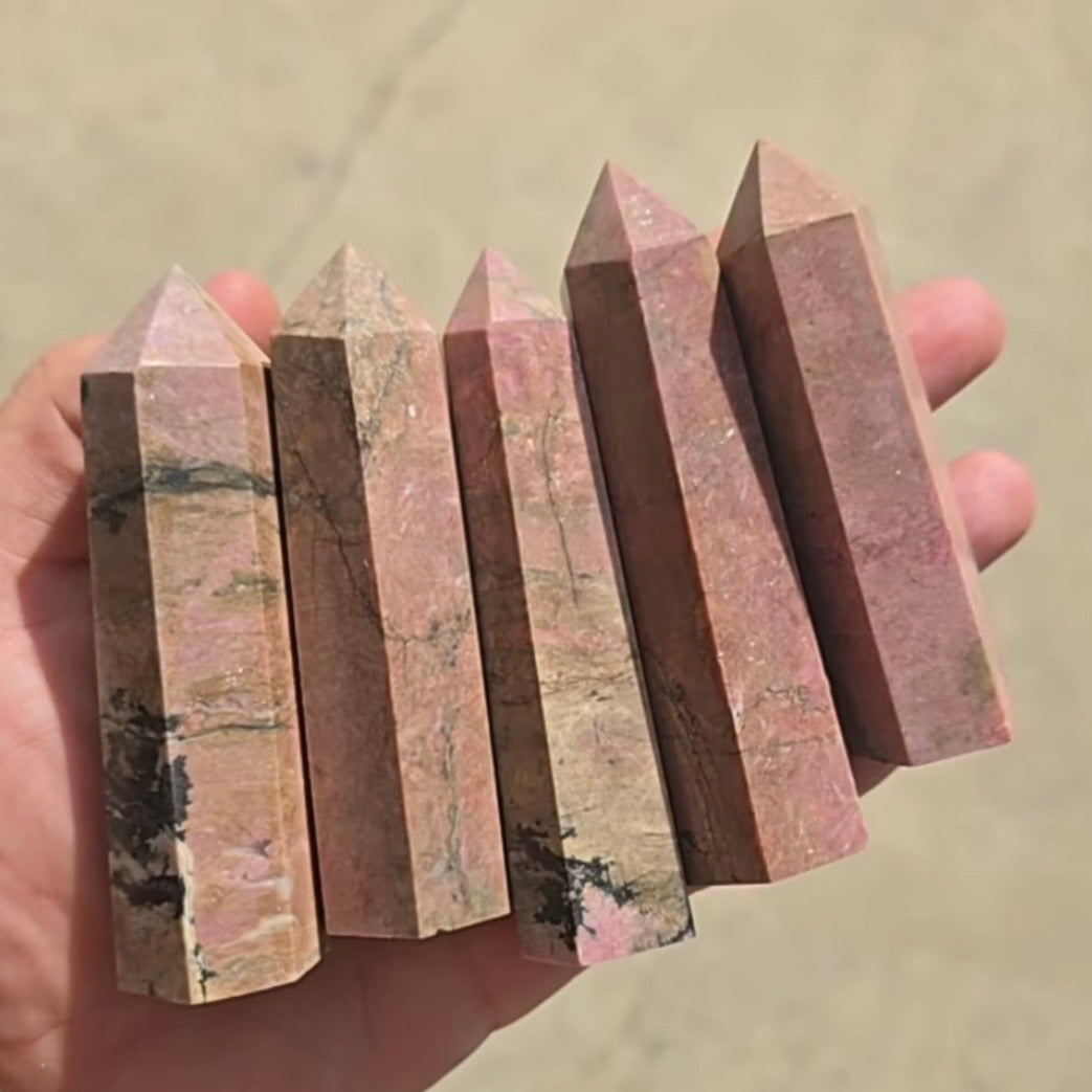 Dusty pink rhodonite crystal tower