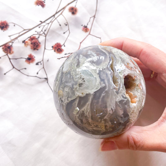 Moss agate druzy crystal polished sphere 500g