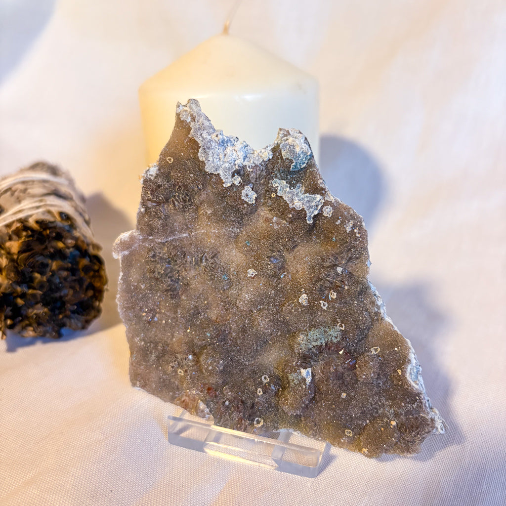 Flower Amethyst crystal cluster slice with stand