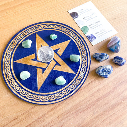 SET - 5 elements Pentagram crystal grid wooden with crystals