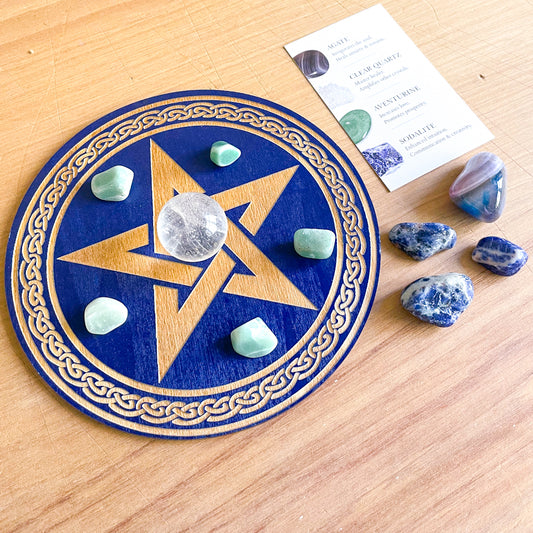 SET - 5 elements Pentagram crystal grid wooden with crystals