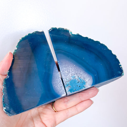 Agate crystal bookends teal blue 950g