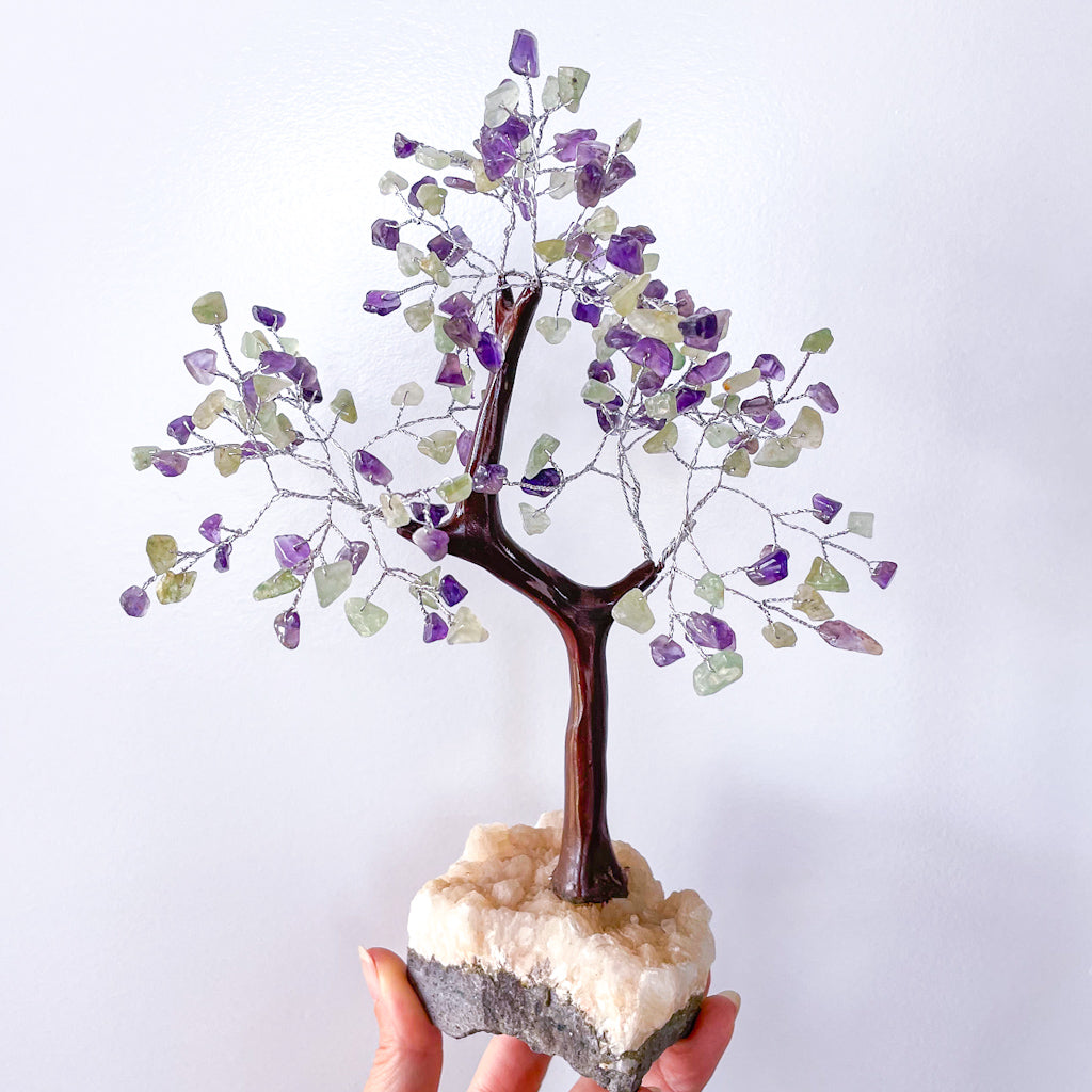 Amethyst, green aventurine and zeolite cluster crystal feng shui tree XL