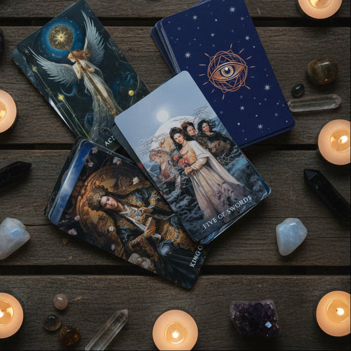 Set of tarot cards with artistic designs on a white surface