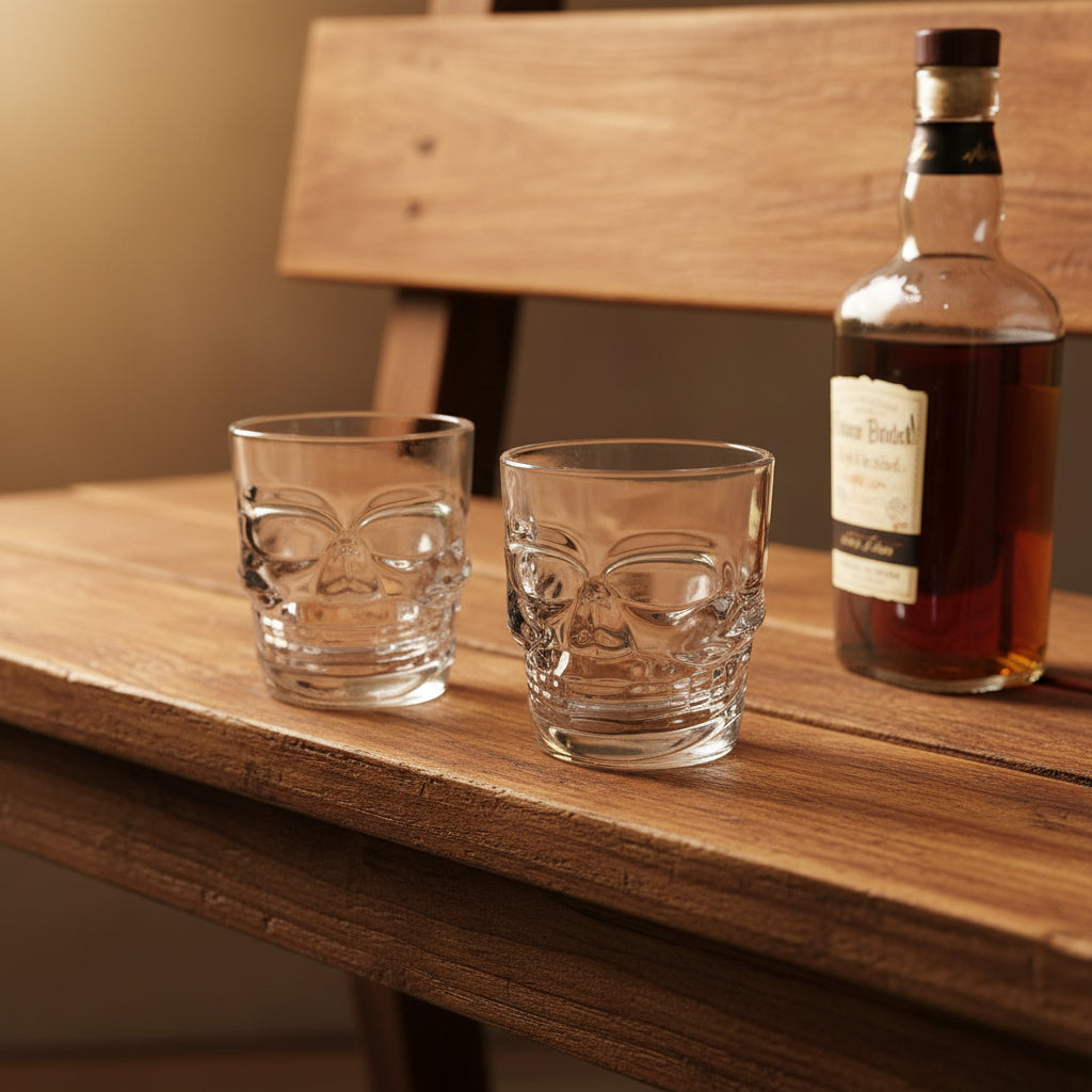 Two clear skull-shaped glass tumblers on a white surface with a beige background