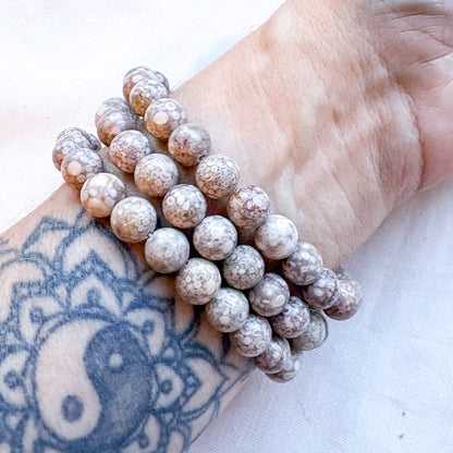 Coral fossil jasper crystal bead bracelet
