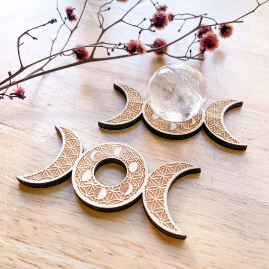 Moon phases crystal sphere stand / wooden plate