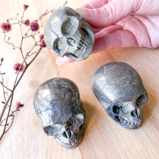 Pyrite crystal healers gold skull polished stone