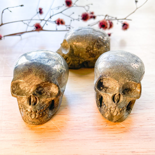 Pyrite crystal healers gold skull polished stone