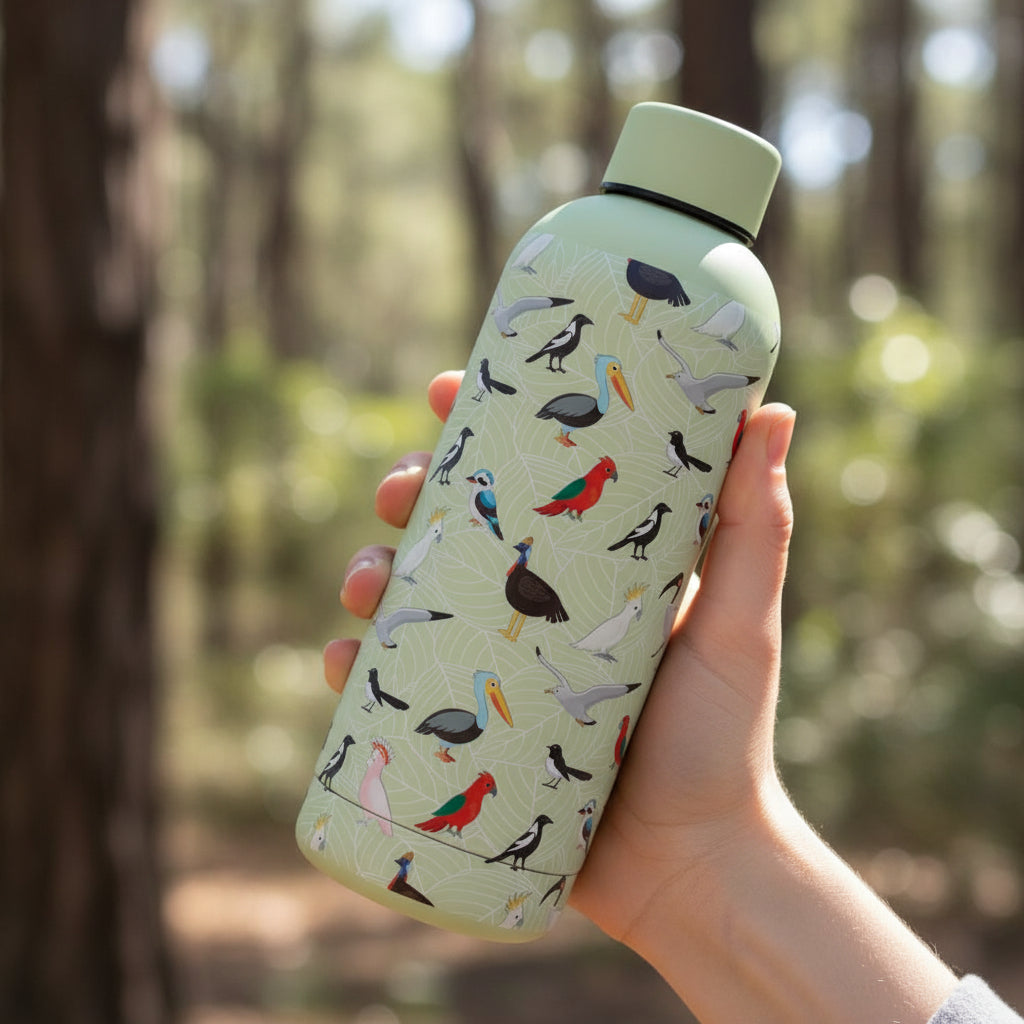 Green water bottle with bird pattern and matching box on a white background