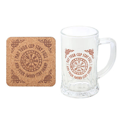Viking compass / Vegvisir tankard beer glass and cork coaster