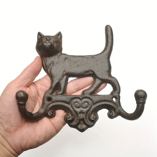 Cat cast iron vintage wall hook double