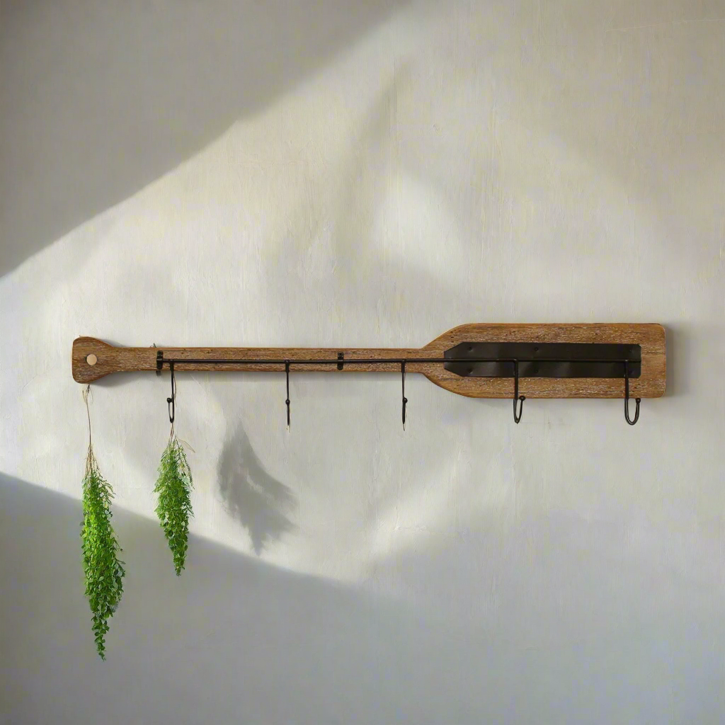 Large wooden boat oar wall decor with 5 metal hooks 86cm
