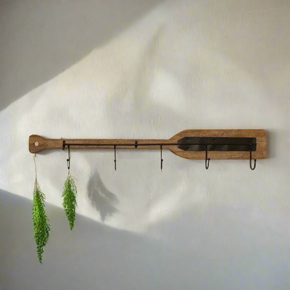 Large wooden boat oar wall decor with 5 metal hooks 86cm