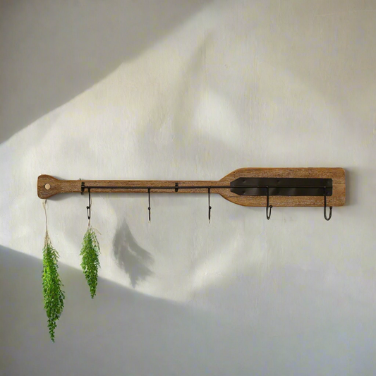 Large wooden boat oar wall decor with 5 metal hooks 86cm