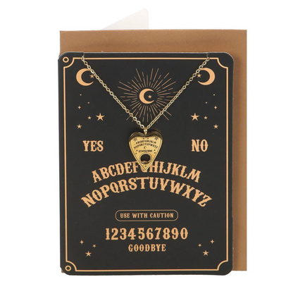 Ouija planchette necklace and greeting card