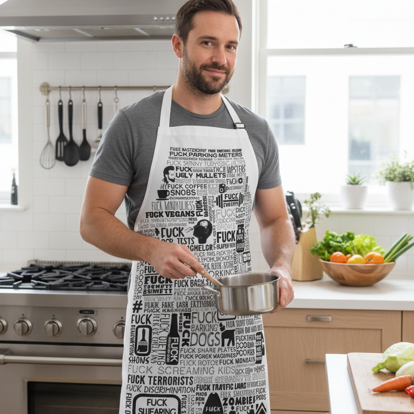 White apron with black rude fucking text and graphics 