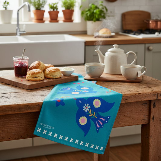 Tea towel with blue birds and flowers on a teal background