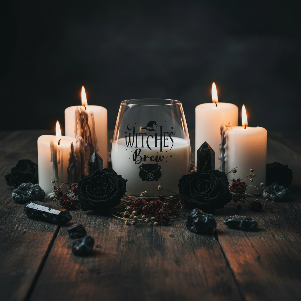 Clear glass wine glass with 'Witches' Brew' text and witch hat design on a white background