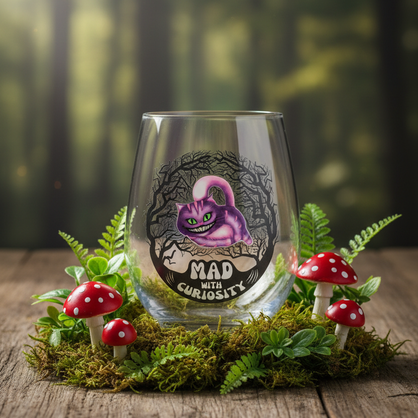 Clear glass with a purple creature design and text 'Mad with Curiosity' on a white background