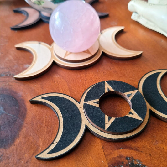 Moon witches pentagram crystal sphere stand / wooden plate