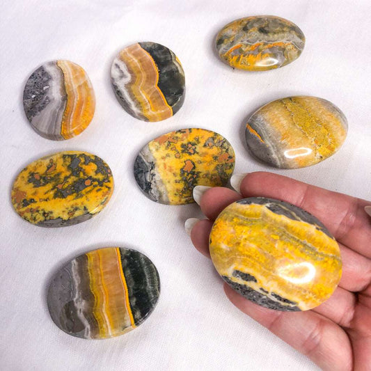 Bumblebee jasper crystal palm stone, coin or tumble
